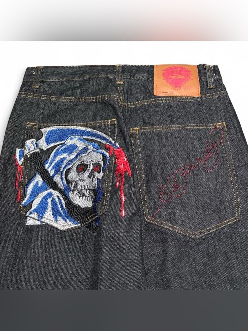 Vintage Ed Hardy By Christian Audigier 2009 Embroidered Grim Reaper Baggy Jeans